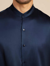 [Bleu Foncé] SilkSilky-FR Long Sleeve Stand Collar Homme Chemise 007