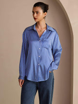 [Rayures Fines Bleues] SilkSilky-FR Long Sleeve Lapel Collar Femme Chemise 004
