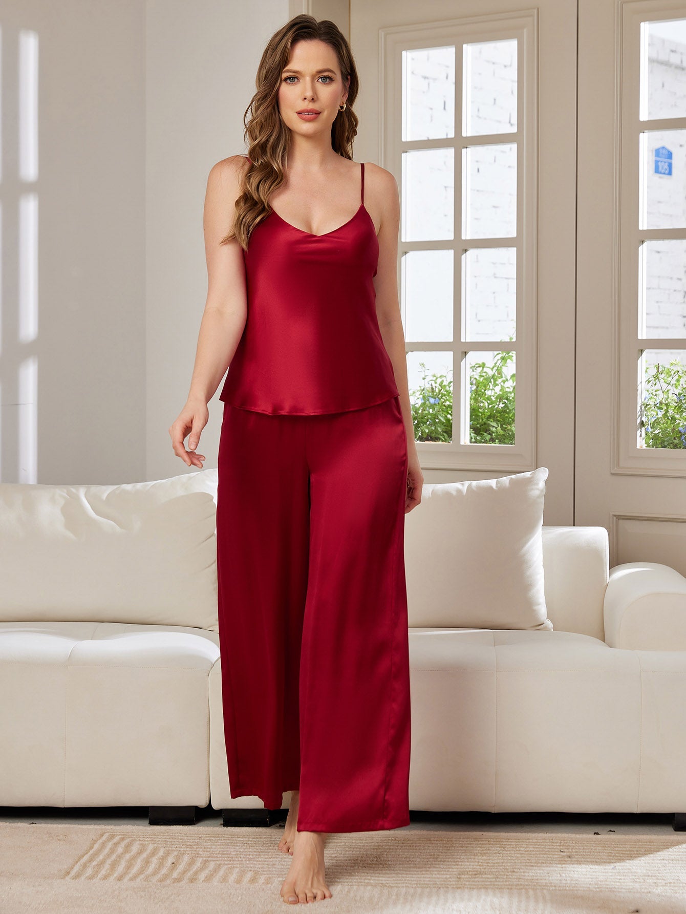 [Rouge Vineux] SilkSilky-FR Pure Soie Col en V Ensemble Camisole 003