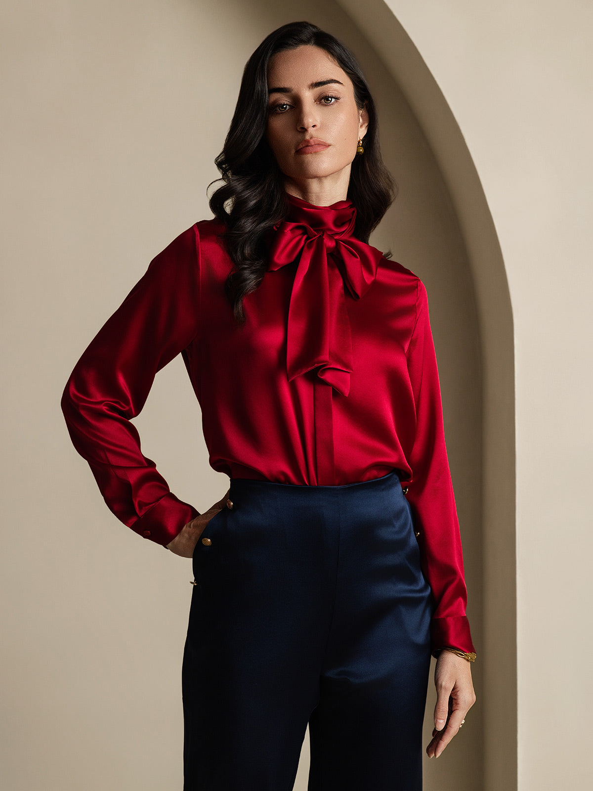 [Rouge Vineux] SilkSilky-FR 19Momme Soie Manches longues Blouse 004