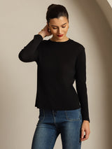 [Noir] SilkSilky-FR Long Sleeve Crew Neck Femme T-Shirt 007