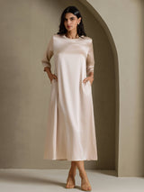 [Beige] SilkSilky-FR 3/4 Sleeve Round Neck Robes 001