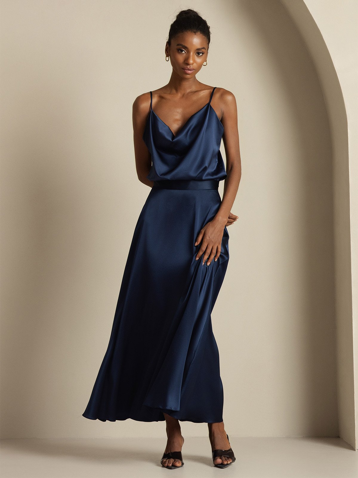 [Bleu Foncé] SilkSilky-FR 19Momme Soie Col Chemise Women''s Outfit Sets 004,