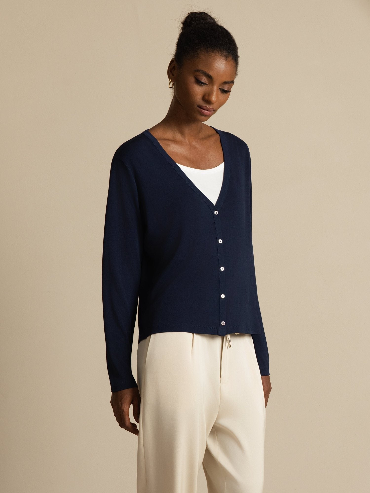 [Bleu Foncé] SilkSilky-FR Long Sleeve Cardigan Femme 001