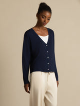[Bleu Foncé] SilkSilky-FR Long Sleeve Cardigan Femme 001