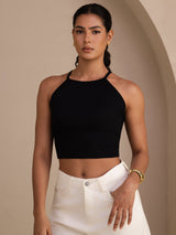 [Noir] SilkSilky-FR Sleeveless Crew Neck Top À Fines Brides 001
