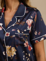 [Floral Marine] SilkSilky-FR Manches courtes Col Cranté Femme Pyjamas 004