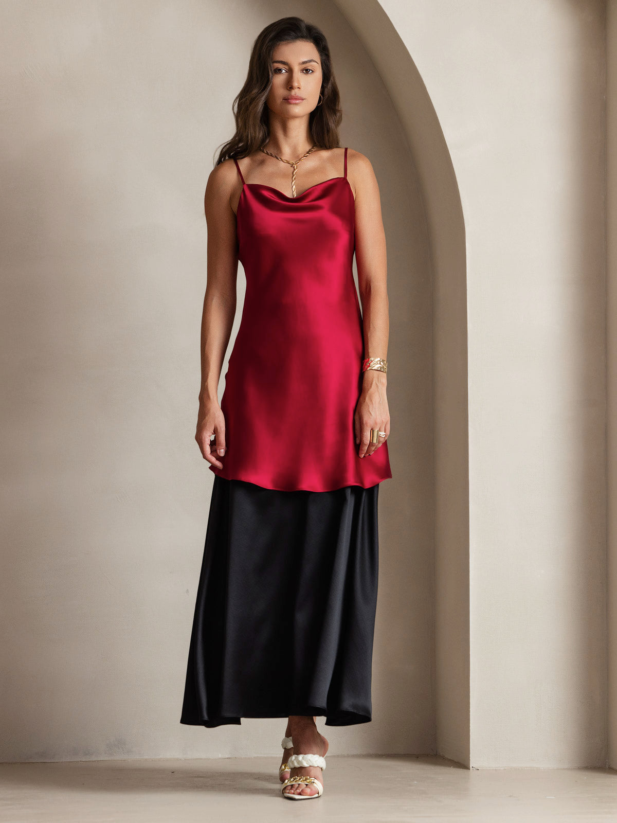 [Rouge Vineux] SilkSilky-FR Pure Soie Col Bénitier Robes 007