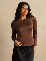 [Café] SilkSilky-FR Long Sleeve Crew Neck Femme T-Shirt 001
