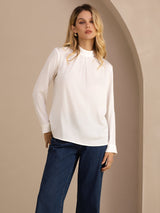 [Blanc] SilkSilky-FR Long Sleeve Stand Collar Blouse 003