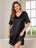 SilkSilky-FR Pure Soie Manches courtes Col en V Chemises de nuit Noir 001