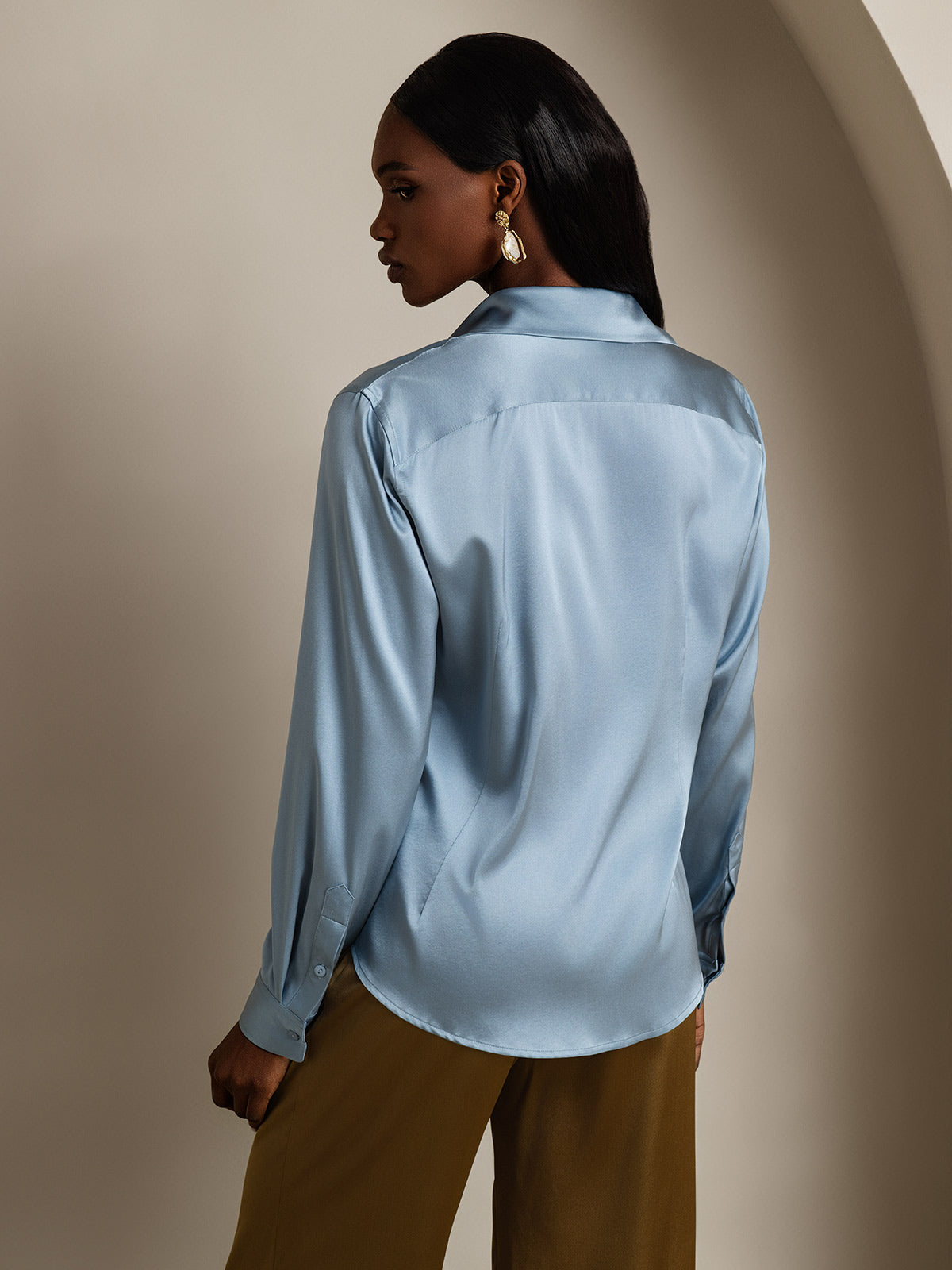 [Bleu Grisâtre] SilkSilky-FR Soie Col Chemise Femme Chemise 002