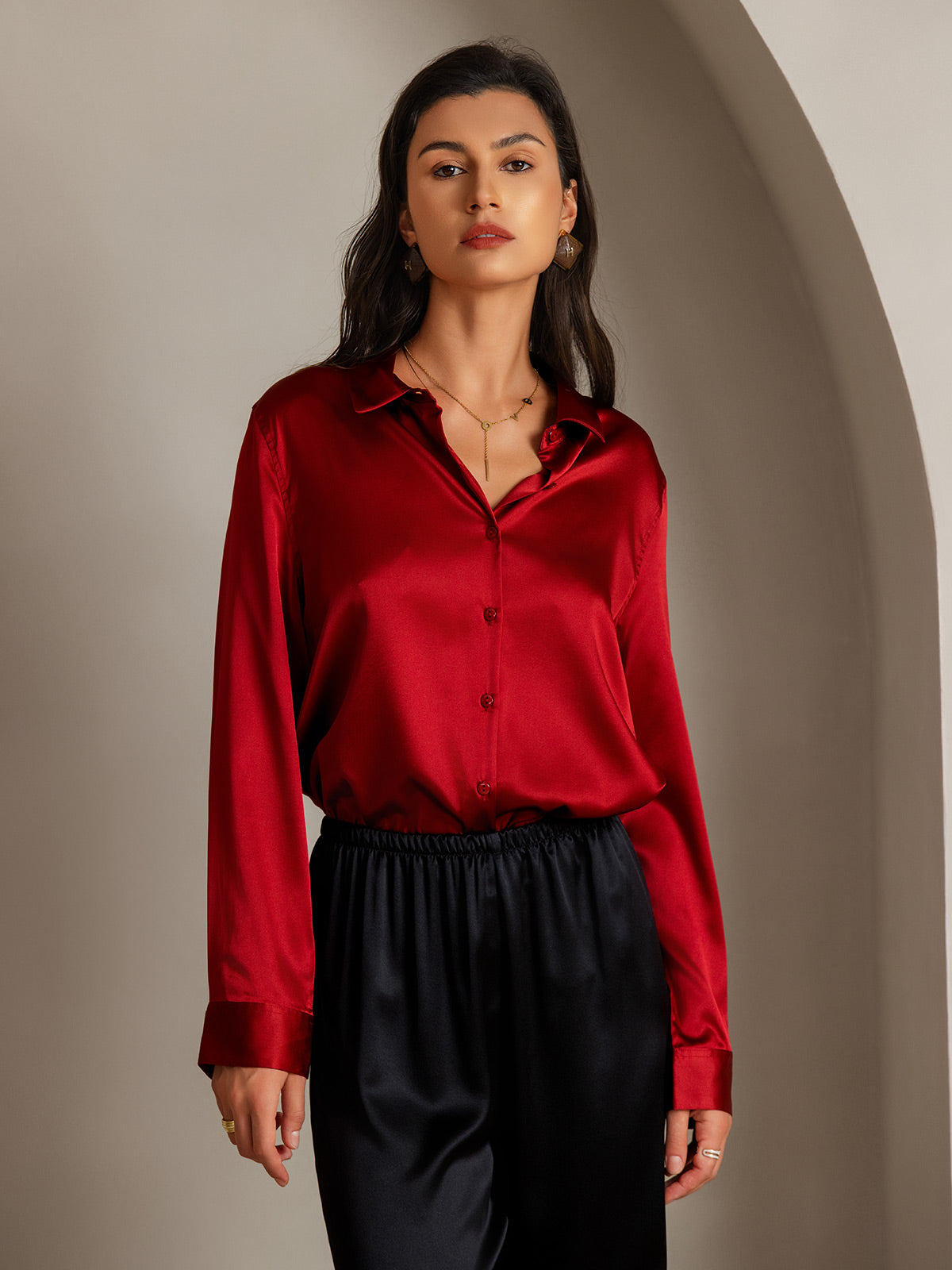 [Rouge] SilkSilky-FR Soie Col Chemise Femme Chemise 001