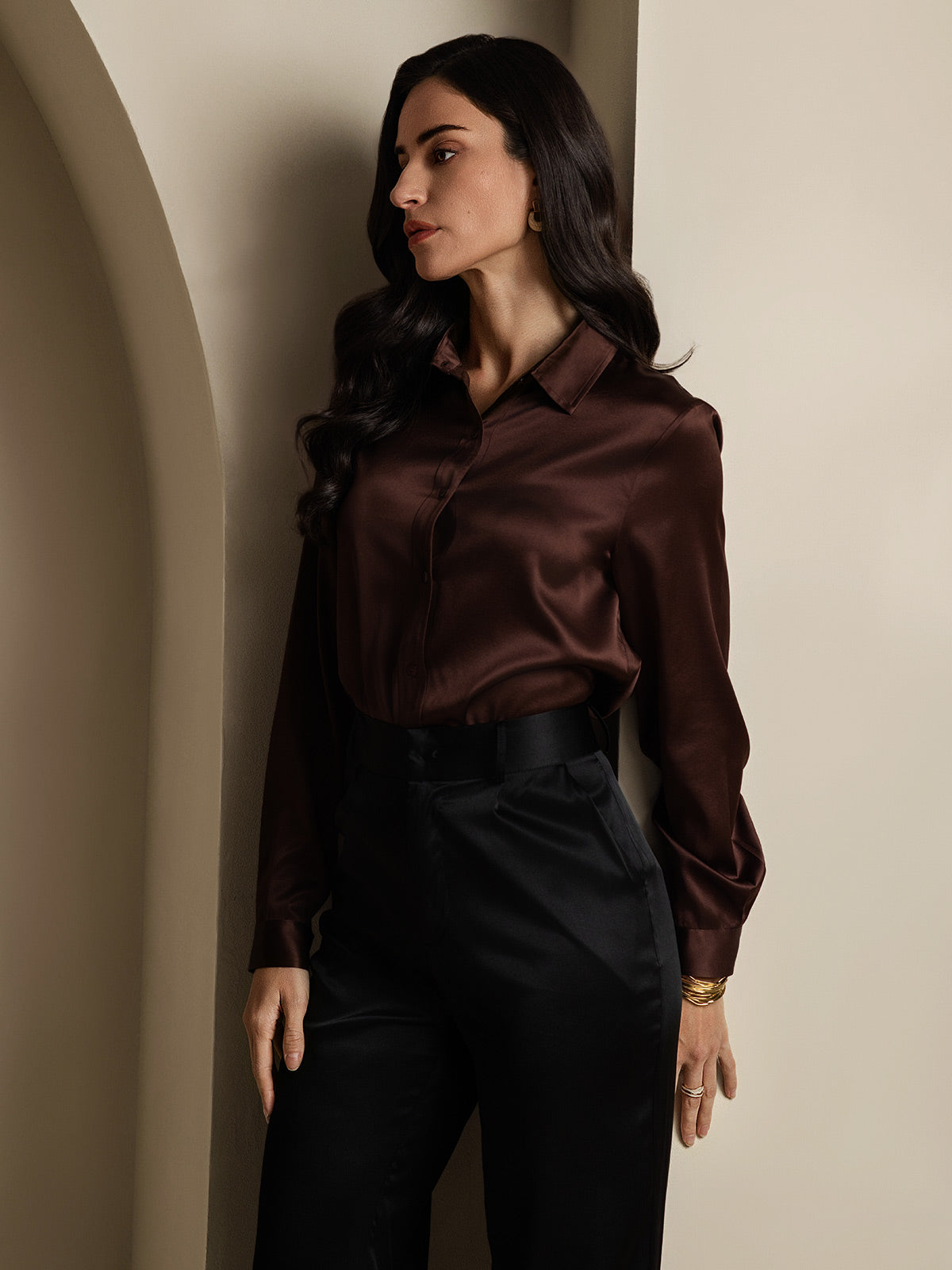 SilkSilky-FR 19Momme Soie Manches longues Col Chemise Femme Chemise Café 006