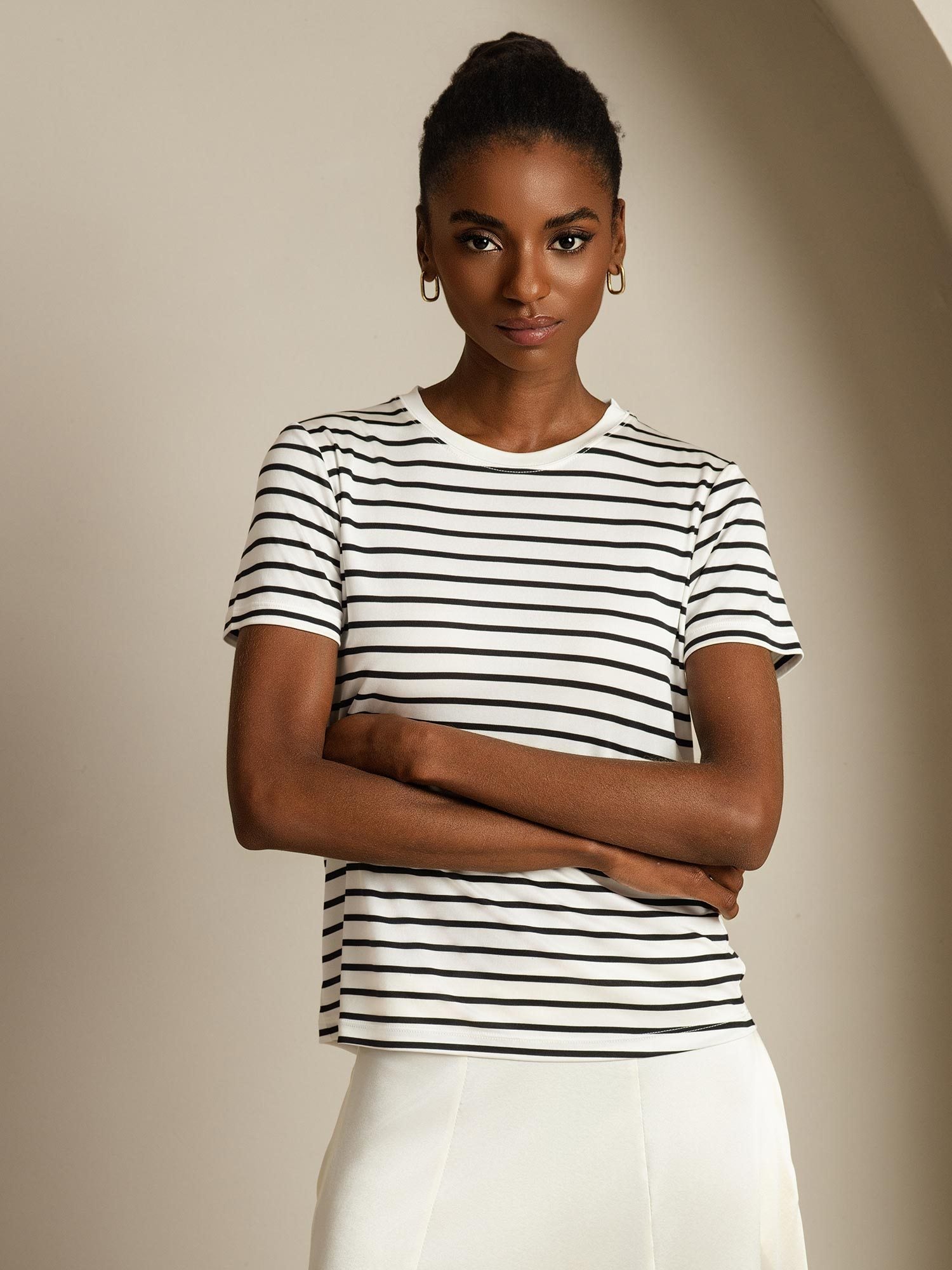 [RayureBlanche] SilkSilky-FR Soie Col Rond Femme T-Shirt 005