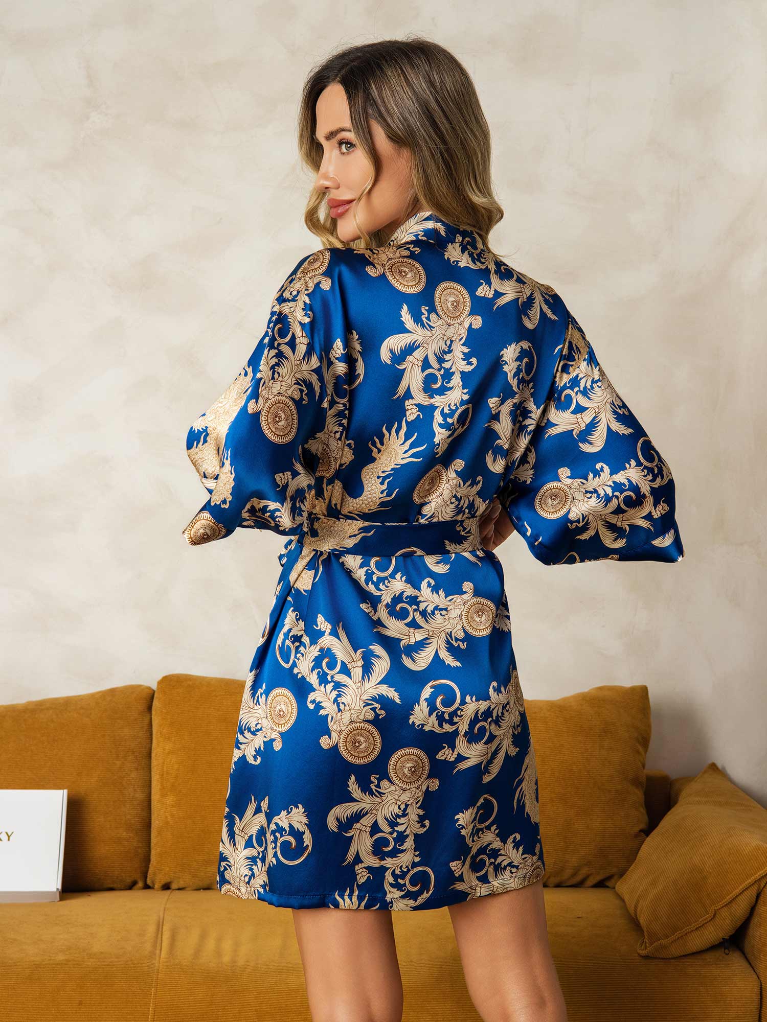 [Dragon Navy] SilkSilky-FR Pure Soie Womens Robe 002