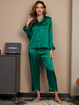[Vert] SilkSilky-FR Long Sleeve Lapel Collar Femme Pyjamas 001