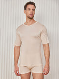 SilkSilky-FR Soie Tricotée Manches courtes Col en V Homme T-Shirt Beige 003