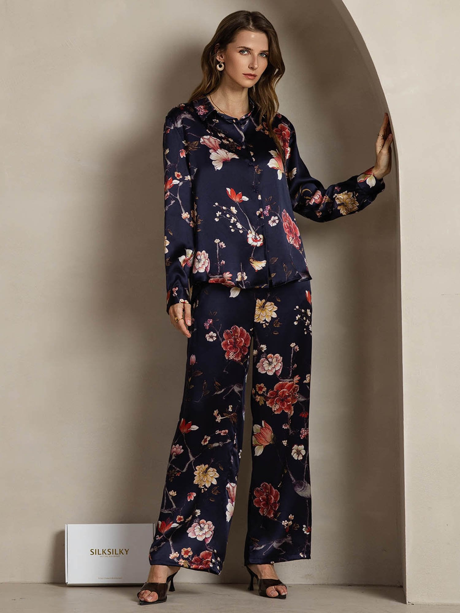 [FloralMarine] SilkSilky-FR 19Momme Soie Col Chemise Women''s Outfit Sets 003