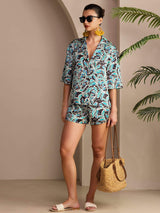 [Botanique Sarcelle] SilkSilky-FR Short Sleeve Notch Collar Femme Pyjamas 005
