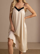 [Beige Riz] SilkSilky-FR Spaghetti Strap V Neck Chemises de nuit 007