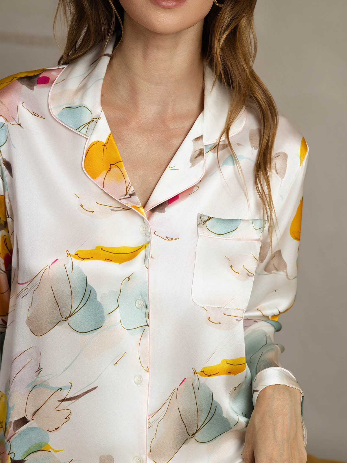 [Encre Orchidée] SilkSilky-FR Pure Soie Womens Pajamas 005