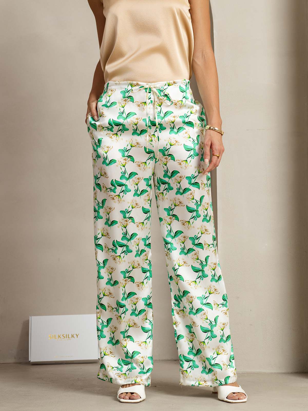 [Floral Vert] SilkSilky-FR 19Momme Soie Womens Pants 003