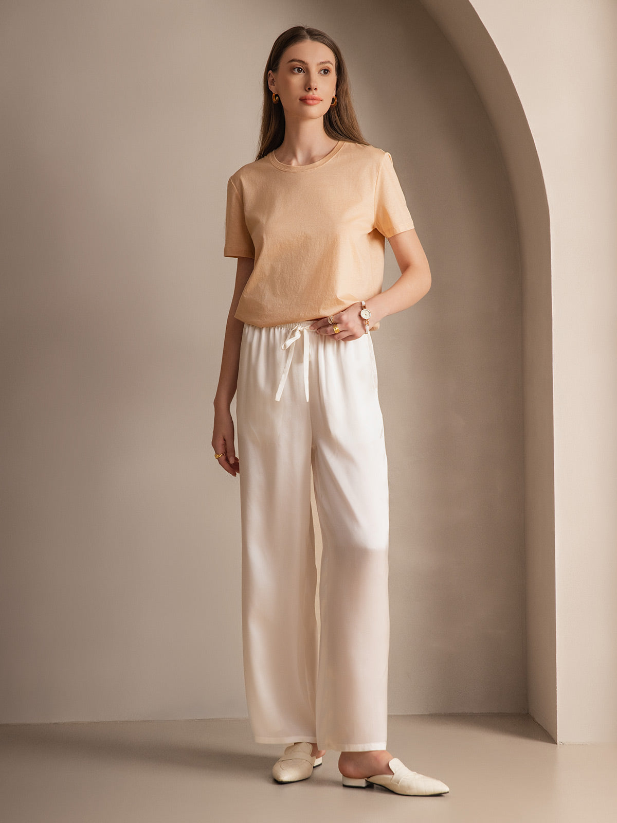 [Blanc] SilkSilky-FR Pure Soie Womens Pants 005