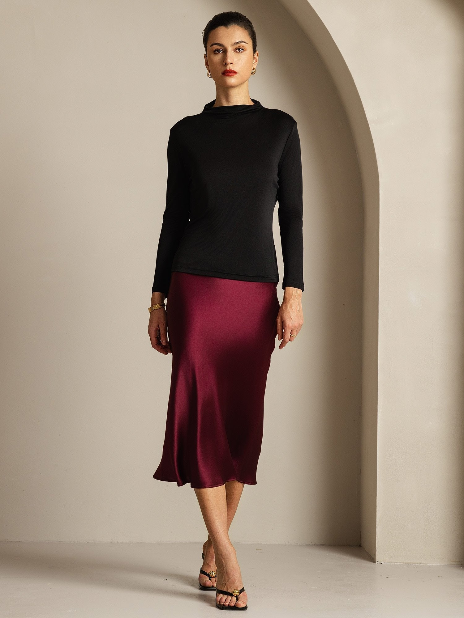 [Noir] SilkSilky-FR Soie Col Haut Femme T-Shirt 005