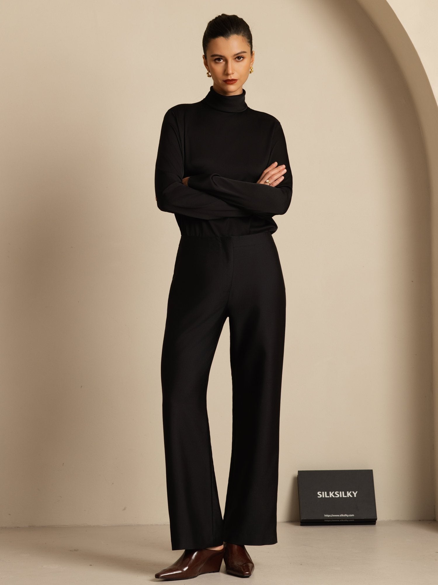 [Noir] SilkSilky-FR 19Momme Soie Manches longues Col Roulé Femme T-Shirt 006