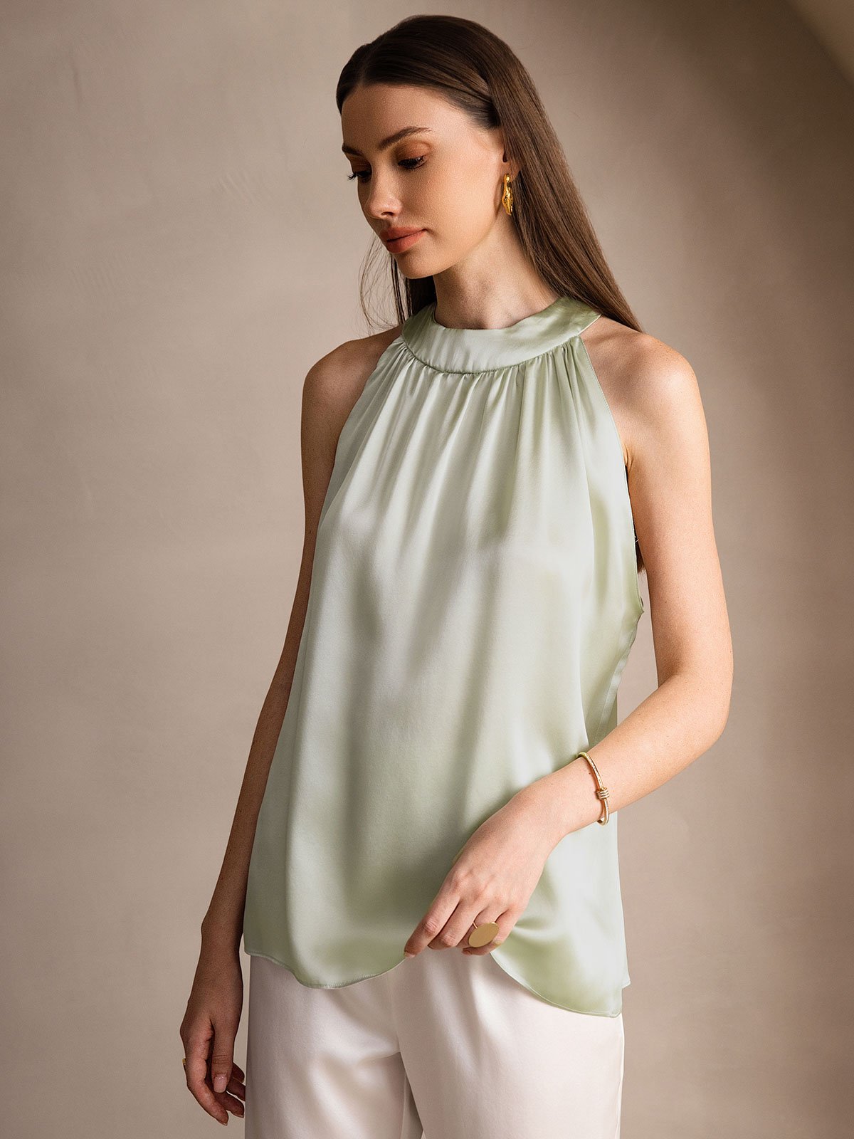 [Vert Clair] SilkSilky-FR 19Momme Soie Womens T-Shirt 004