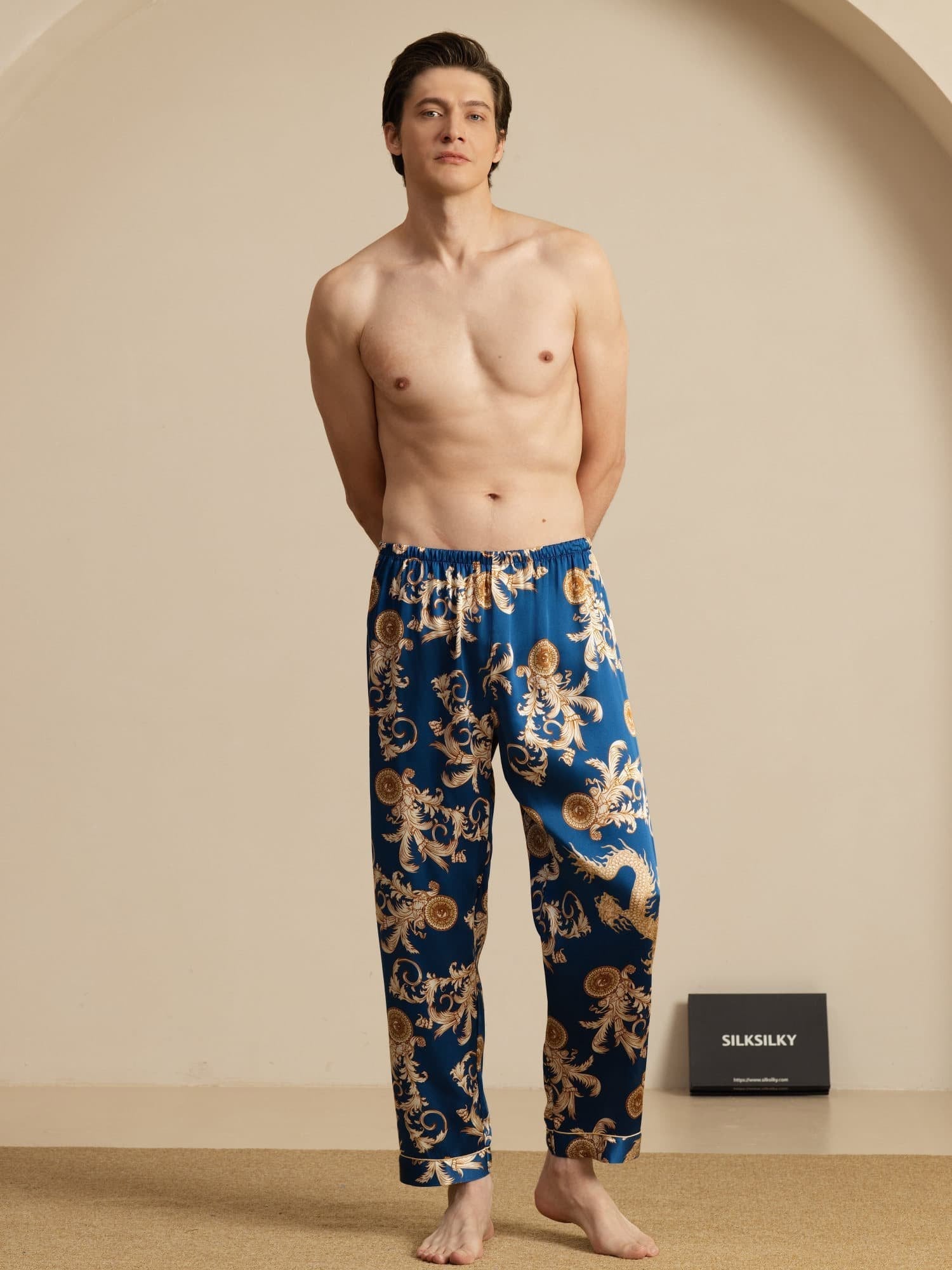 [Dragon Navy] SilkSilky-FR Mens Sleep Bottoms 005