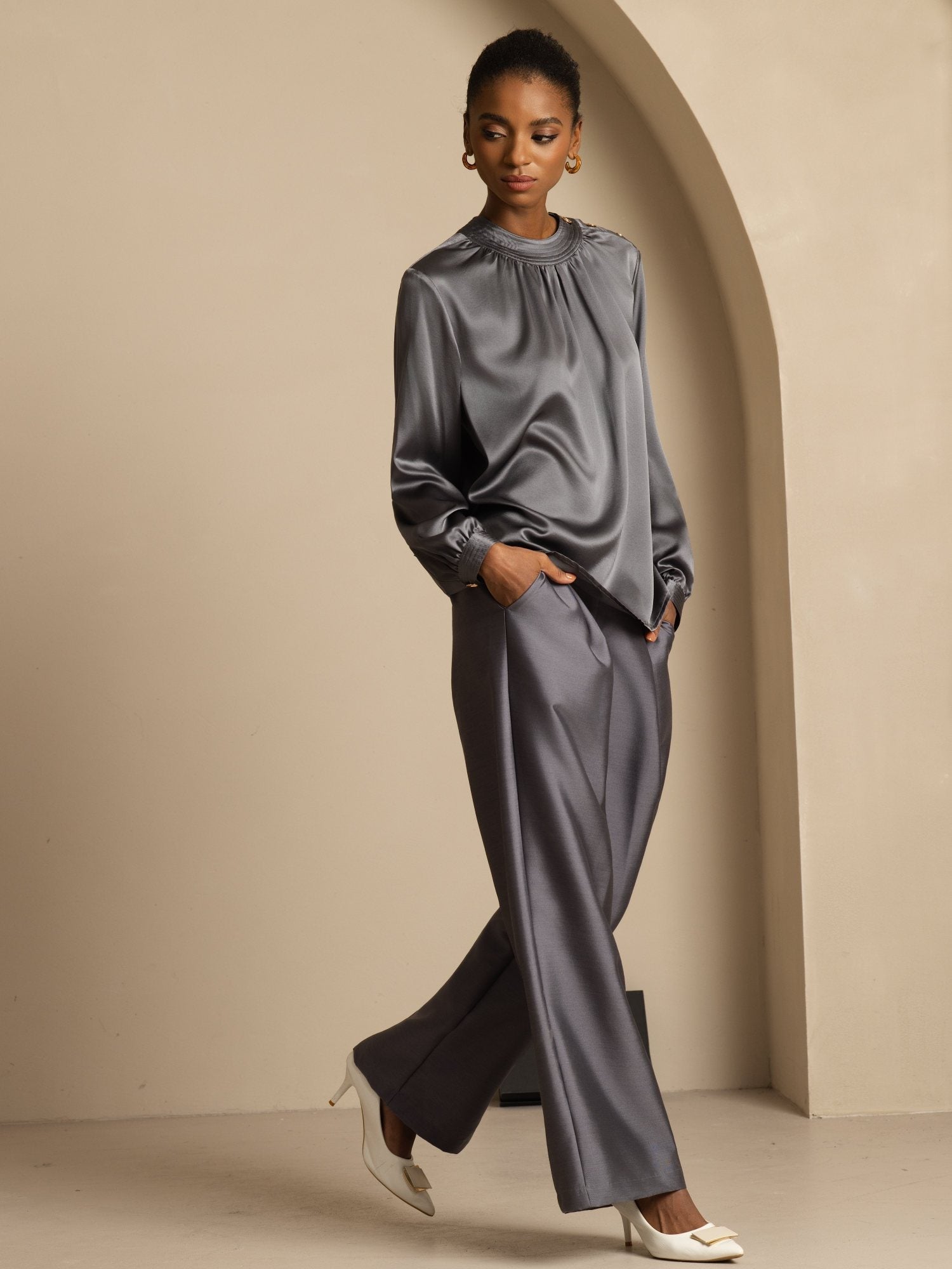 [GrisFoncé] SilkSilky-FR 19Momme Soie Manches longues Col Rond Blouse 007