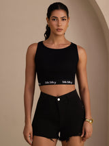 [Noir] SilkSilky-FR Sleeveless Crew Neck Top À Fines Brides 005