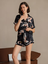 [Noir] SilkSilky-FR Short Sleeve Lapel Collar Femme Pyjamas 004