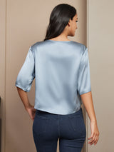 [Bleu Grisâtre] SilkSilky-FR Manches mi-longues Encolure Dégagée Femme T-Shirt 002