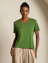 [Vert] SilkSilky-FR Short Sleeve V Neck Femme T-Shirt 008