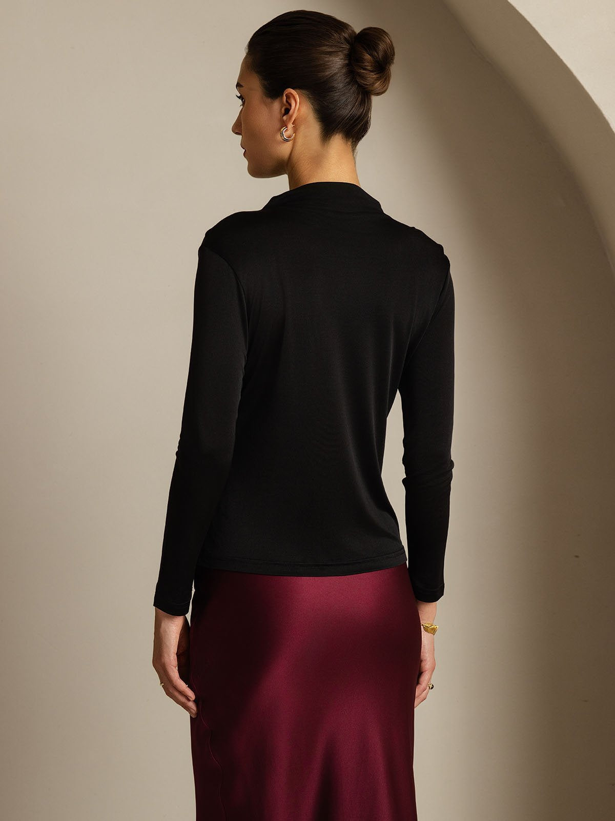 [Noir] SilkSilky-FR Soie Col Haut Femme T-Shirt 002