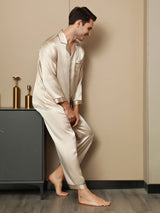 [Tan] SilkSilky-FR Pure Soie Manches longues Revers Homme Pyjamas 008