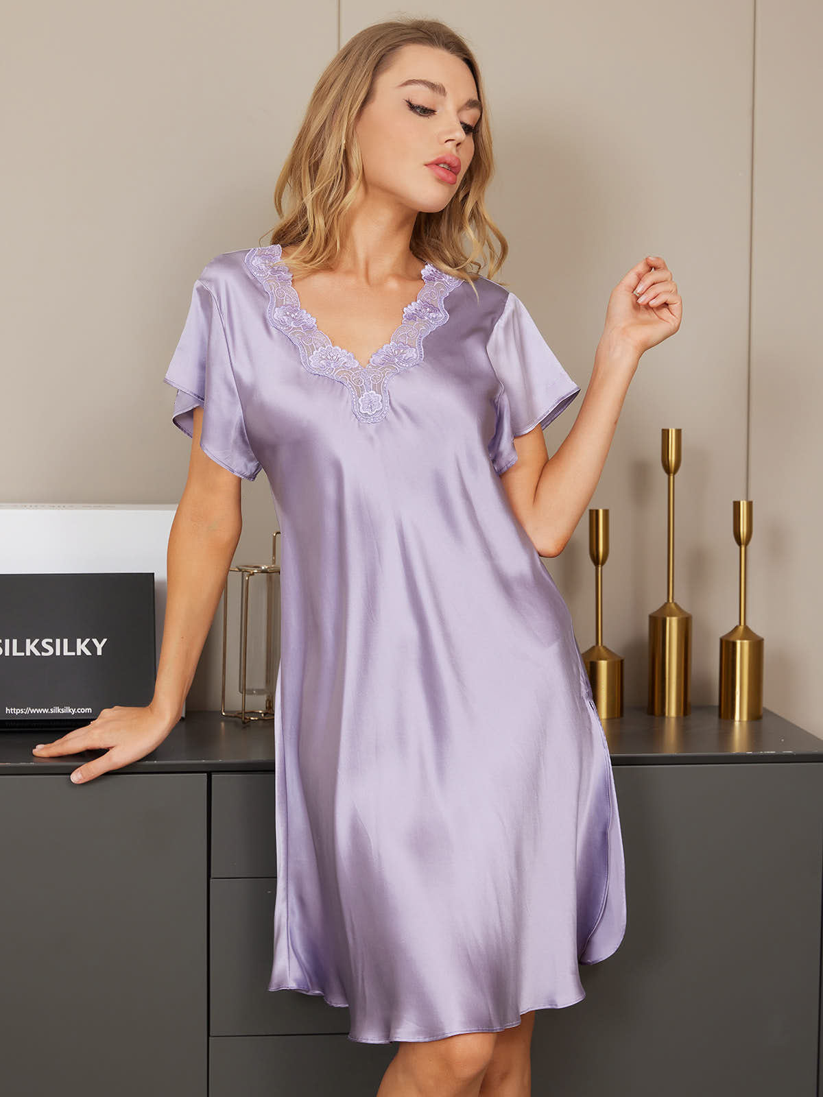 [Violette] SilkSilky-FR Manches courtes Nightgown 005