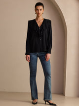 [Noir] SilkSilky-FR Long Sleeve Deep V Neck Blouse 006
