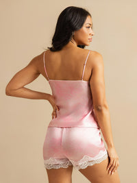 Vue de dos camisole bretelles spaghetti soie rose ivoire