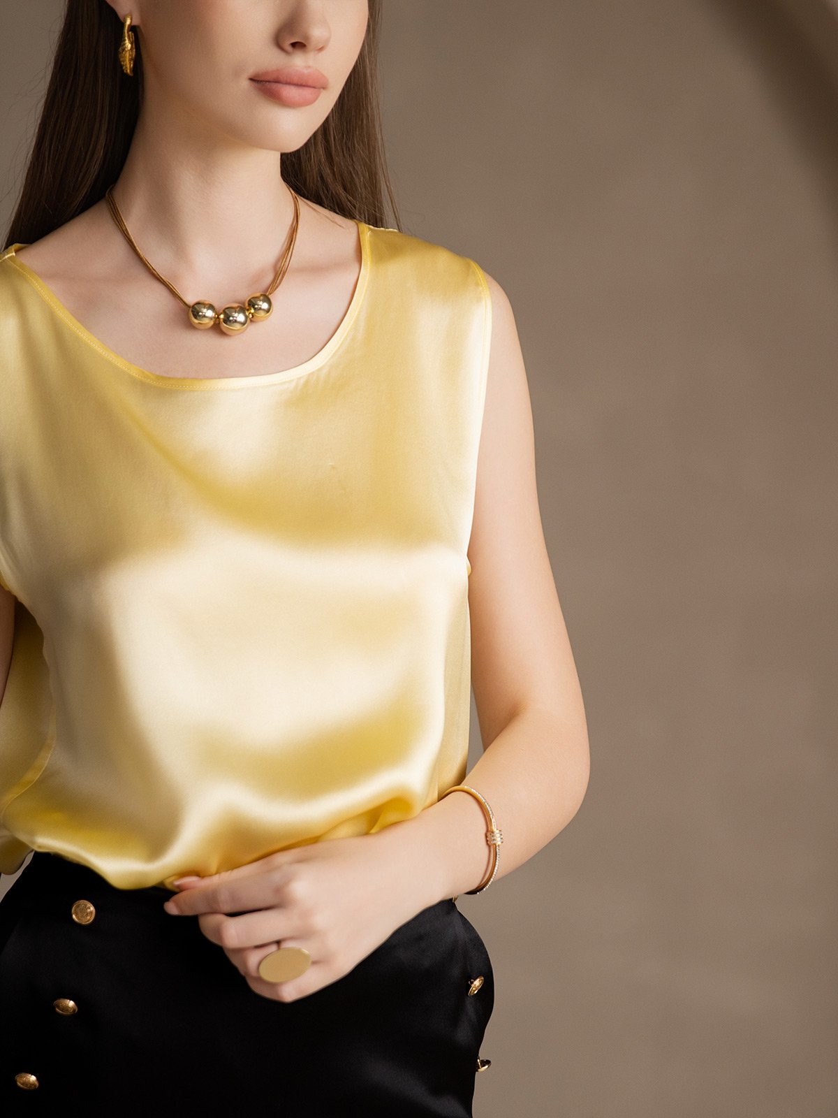 [Jaune Clair] SilkSilky-FR 19Momme Sans manches Col Rond Top À Fines Brides 003