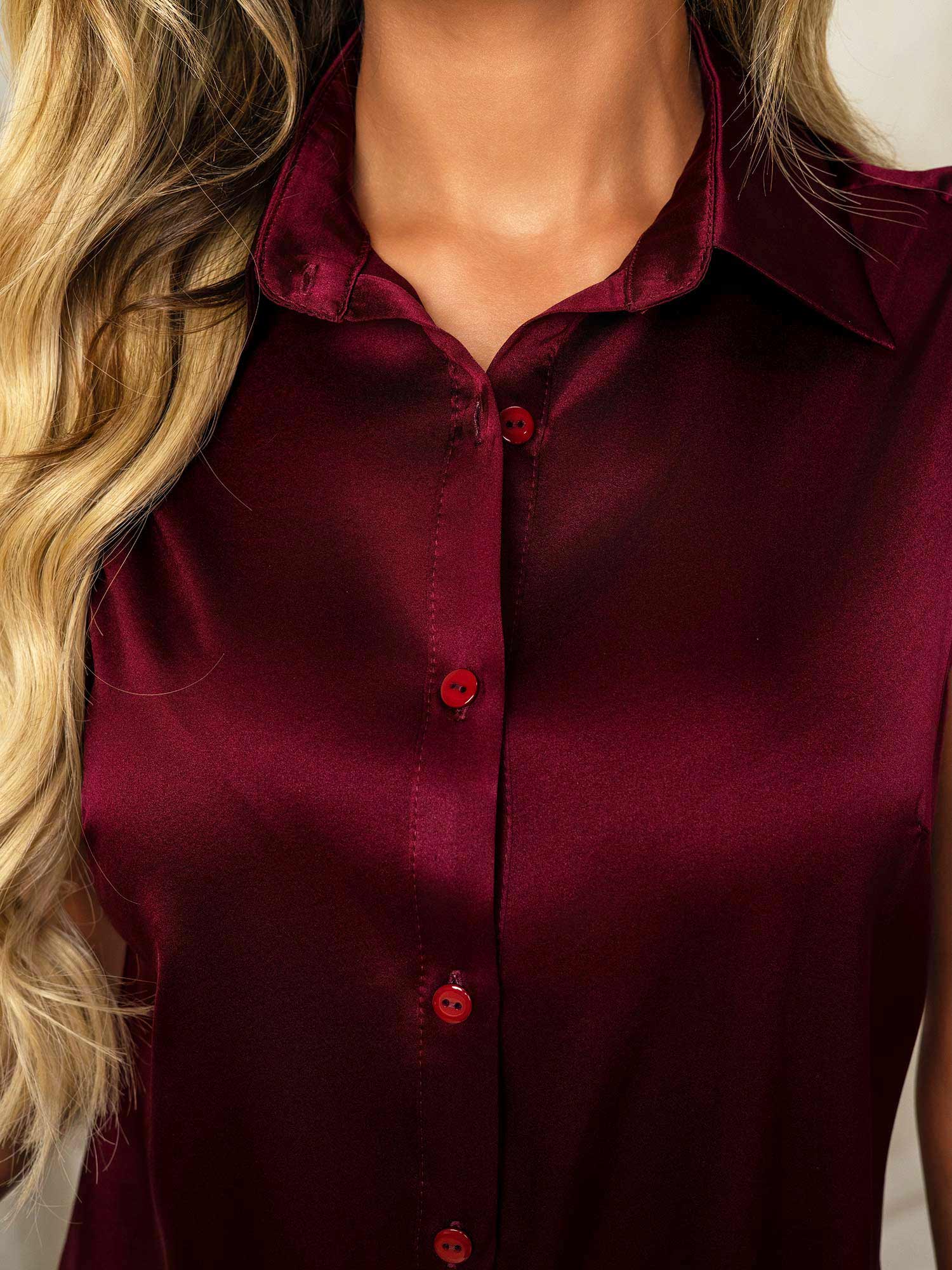 [Rouge Foncé] SilkSilky-FR 19Momme Soie Col Chemise Femme Chemise 007