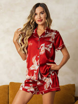 [Rouge Foncé] SilkSilky-FR Short Sleeve Lapel Collar Femme Pyjamas 003