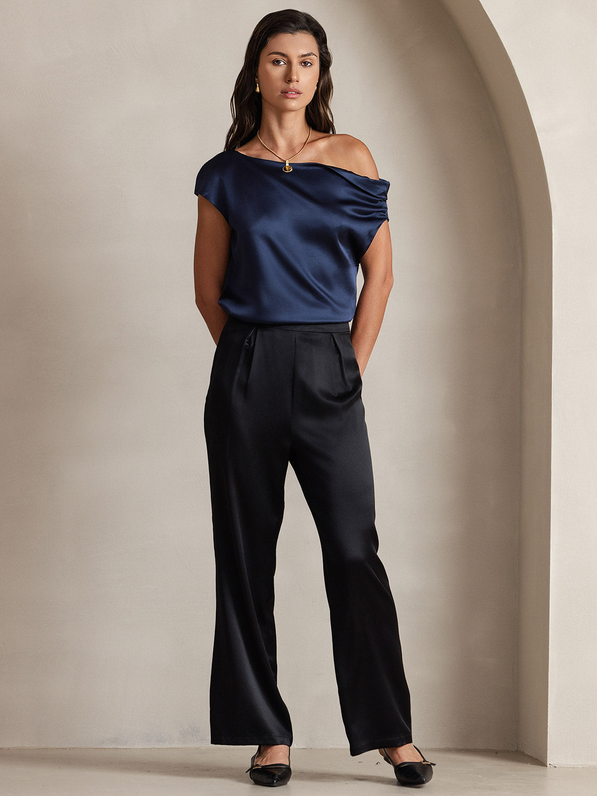 [Bleu Foncé] SilkSilky-FR 19Momme Soie Womens T-Shirt 001