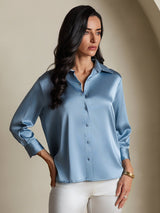[Bleu Grisâtre] SilkSilky-FR 19Momme Trois-quart Col à Revers Femme Chemise 003