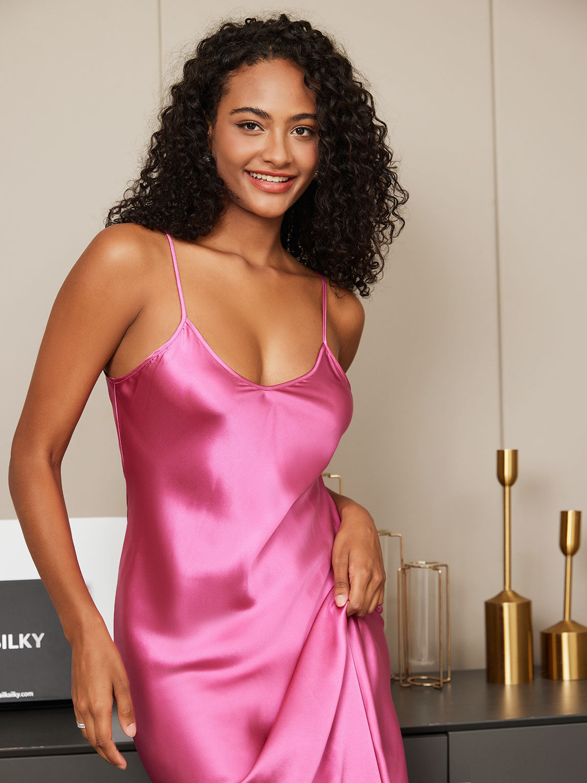 [Rose Rouge] SilkSilky-FR Pure Soie Col Rond Chemises de nuit 005