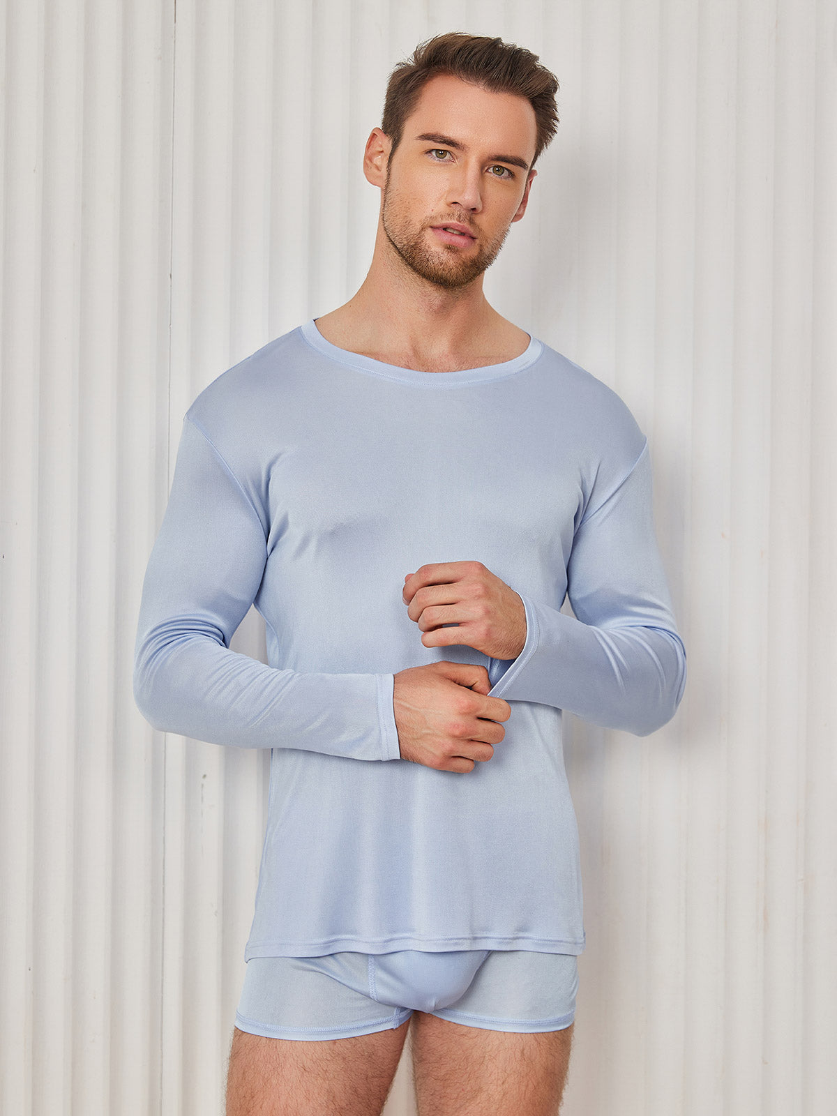 [Bleu Clair] SilkSilky-FR Soie Tricotée Col Rond Homme T-Shirt 005