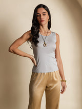 [Gris] SilkSilky-FR Sans manches Col Rond Femme T-Shirt 001